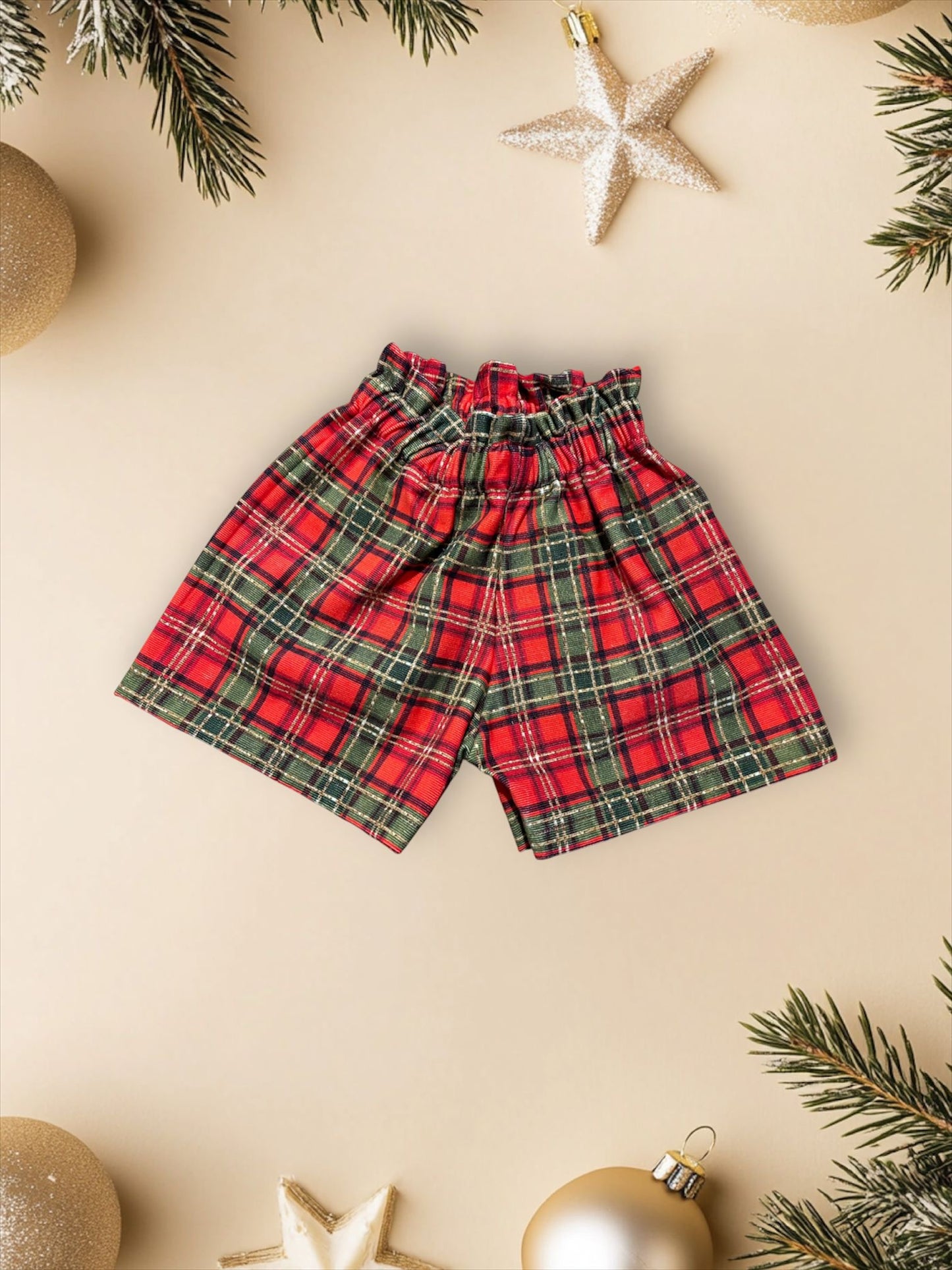 READY MADE RED AND GREEN TARTAN PAPER BAG SHORTS