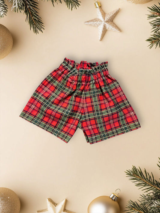 READY MADE RED AND GREEN TARTAN PAPER BAG SHORTS