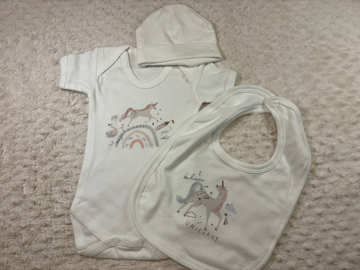 3 piece set DTF 0-3, hat vest bib unicorns