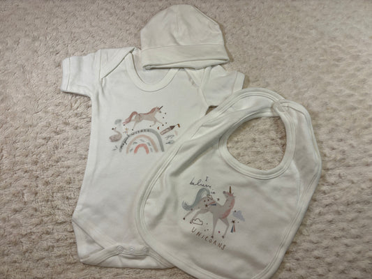 3 piece set DTF 0-3, hat vest bib unicorns