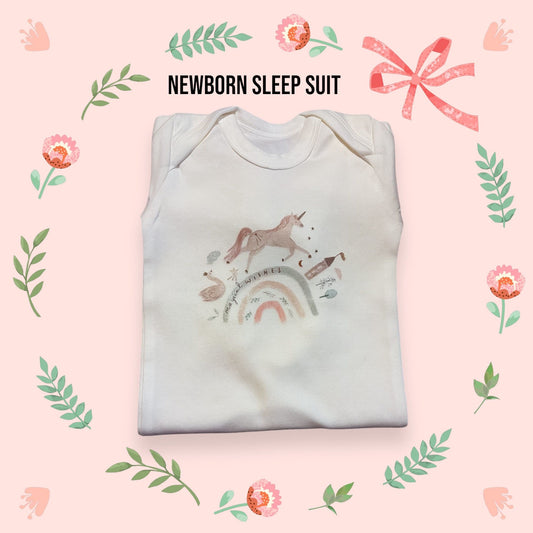 White Unicorn Rainbow Newborn Sleepsuit