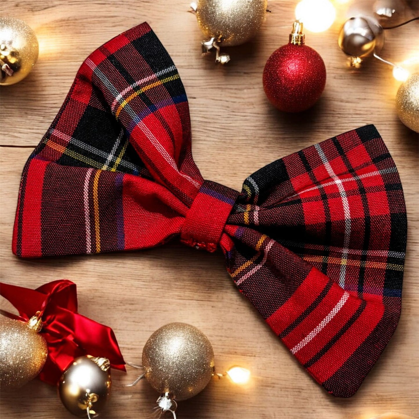 Red tartan bow on alligator clip