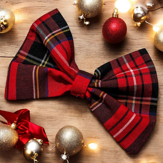 Red tartan bow on alligator clip